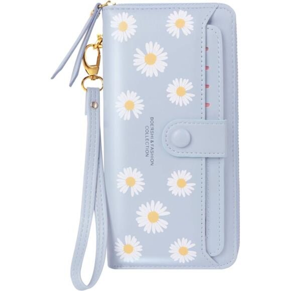 Women Leather Wallet RFID Blocking Zipper Pocket Wallet Blue(Flower)